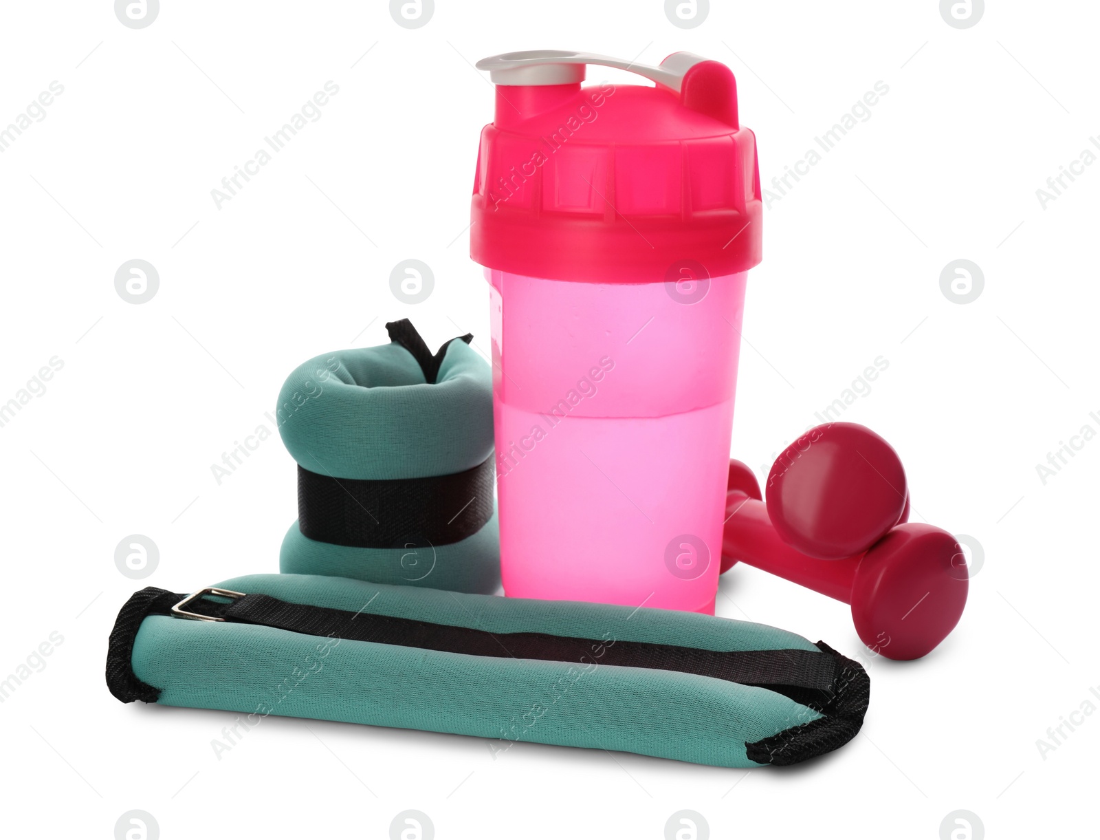 Photo of Stylish weighting agents, dumbbells and shaker on white background