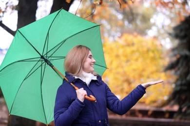 Photo of Woman with umbrella in autumn park on rainy day