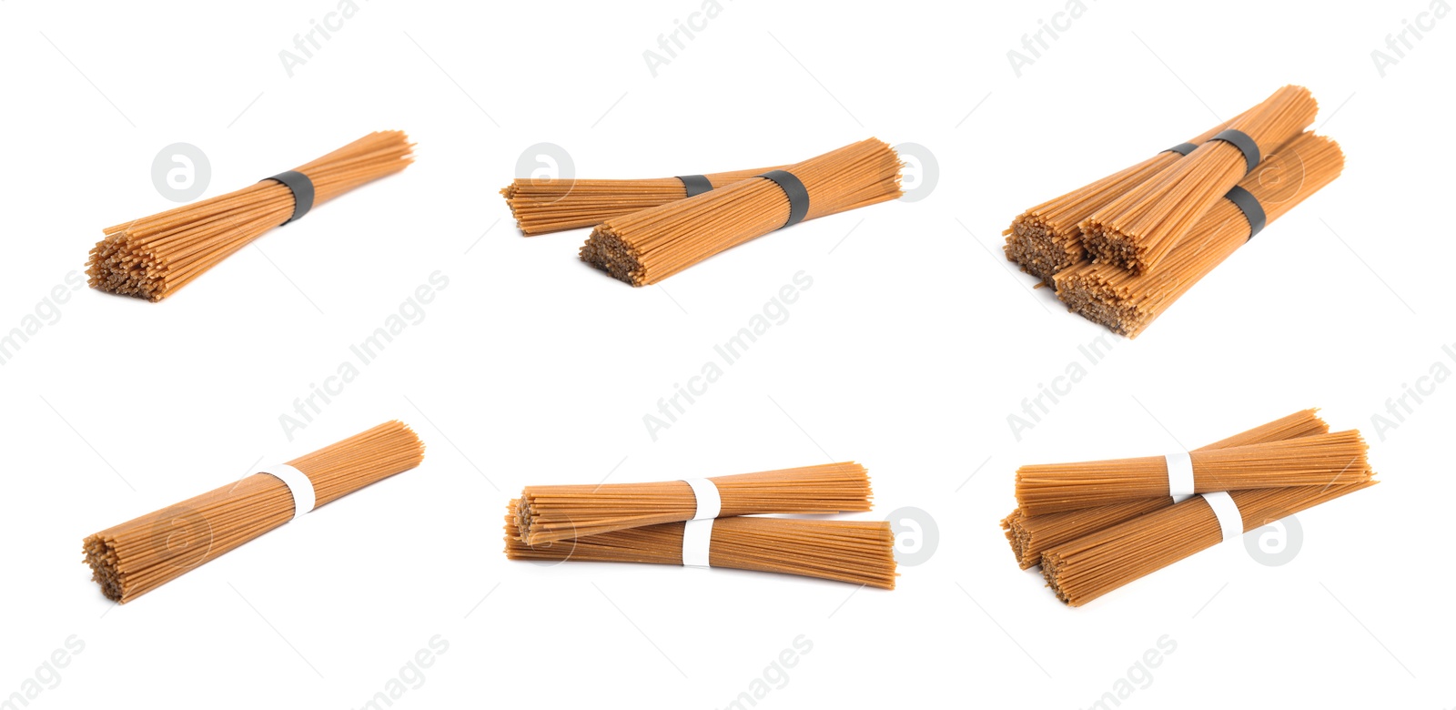 Image of Set of uncooked buckwheat noodles on white background