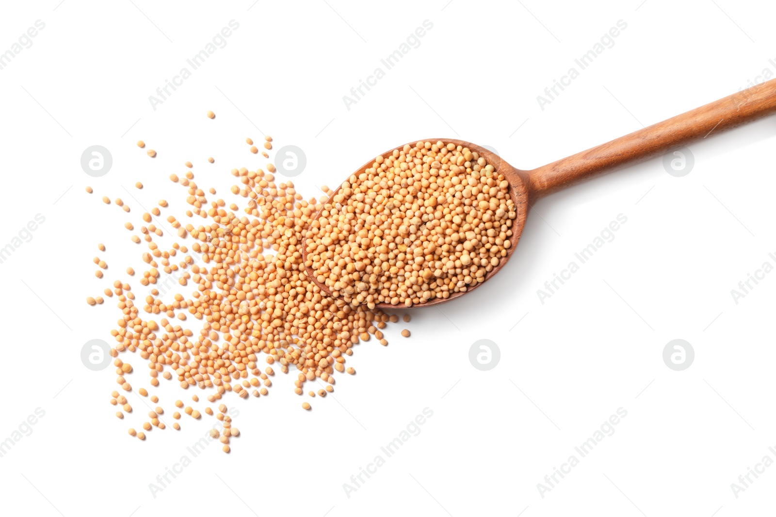 Photo of Spoon with mustard seeds on white background, top view