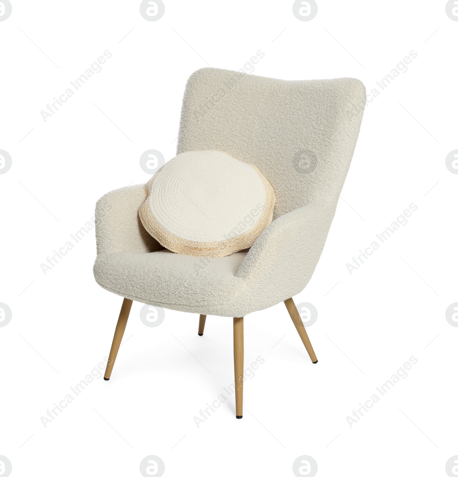 Photo of One stylish comfortable armchair with pillow isolated on white