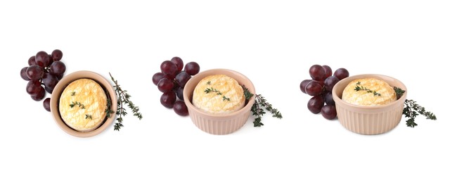 Image of Set of delicious baked camemberts with grapes isolated on white