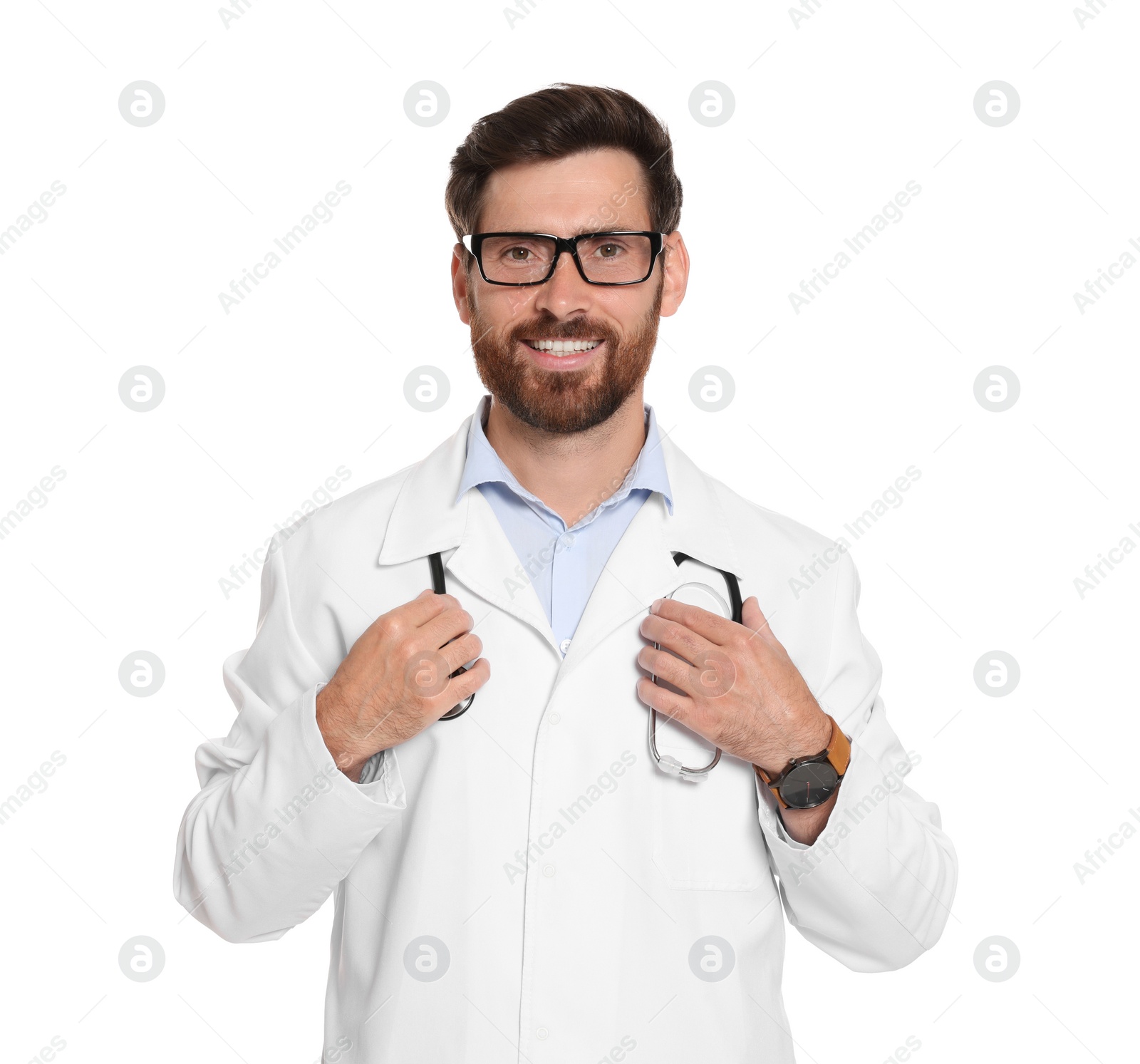 Photo of Portrait of doctor with stethoscope on white background