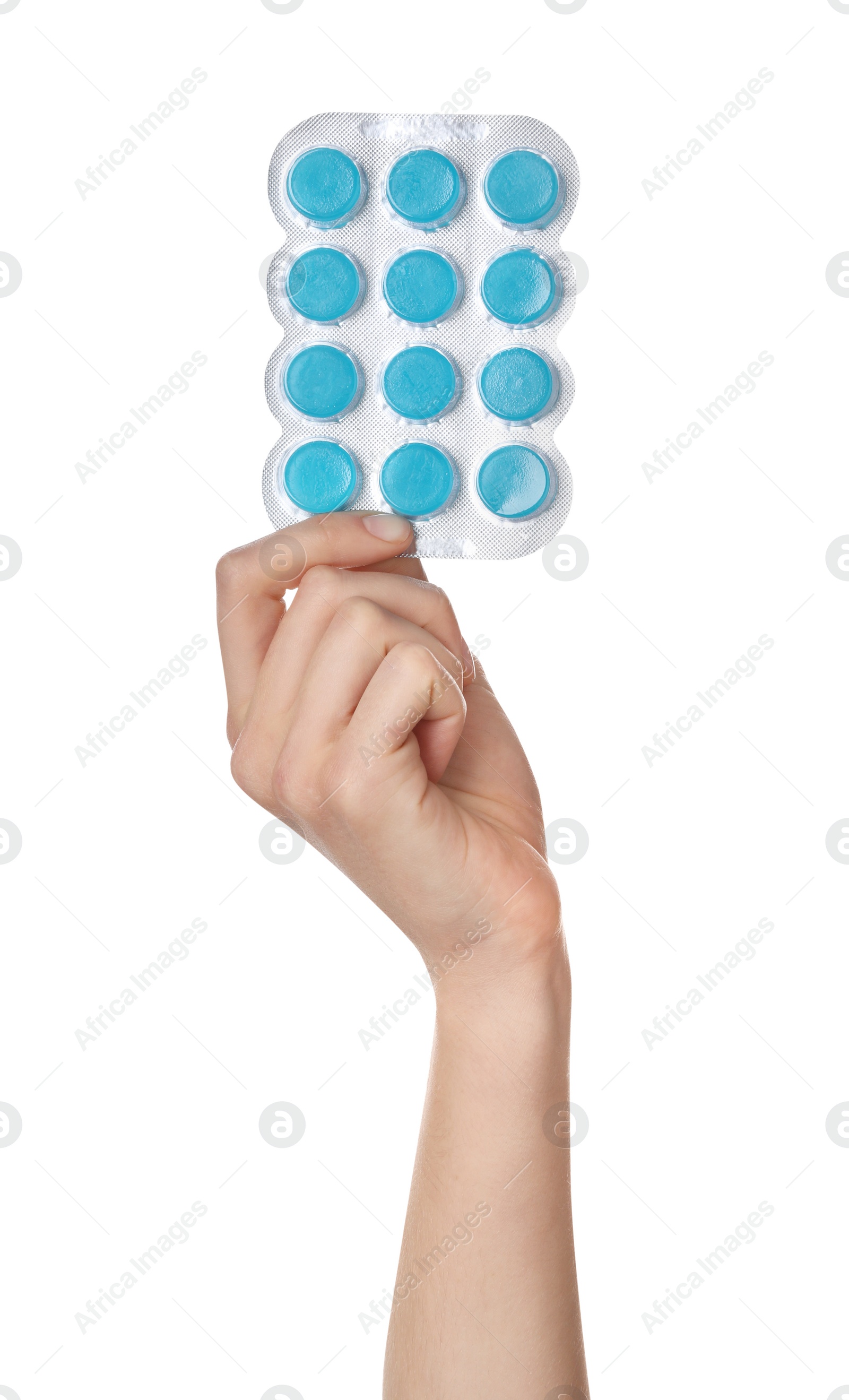 Photo of Woman holding blister with cough drops on white background, closeup