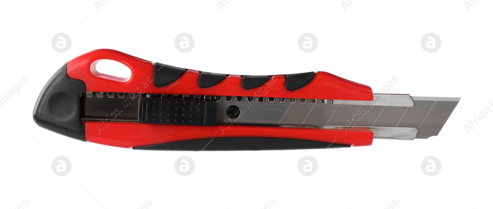 Photo of Red utility knife isolated on white. Construction tool