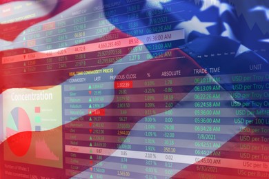 Image of Double exposure of price quotes and American flag. US economy