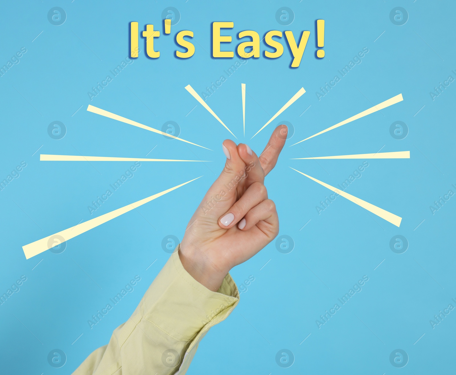 Image of Phrase It's Easy and woman snapping fingers on light blue background, closeup
