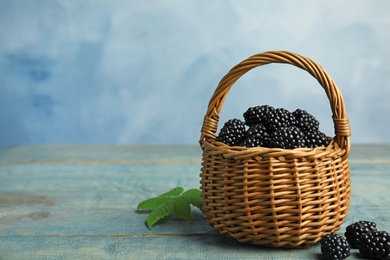 Photo of Wicker basket of tasty blackberries on blue wooden table, space for text