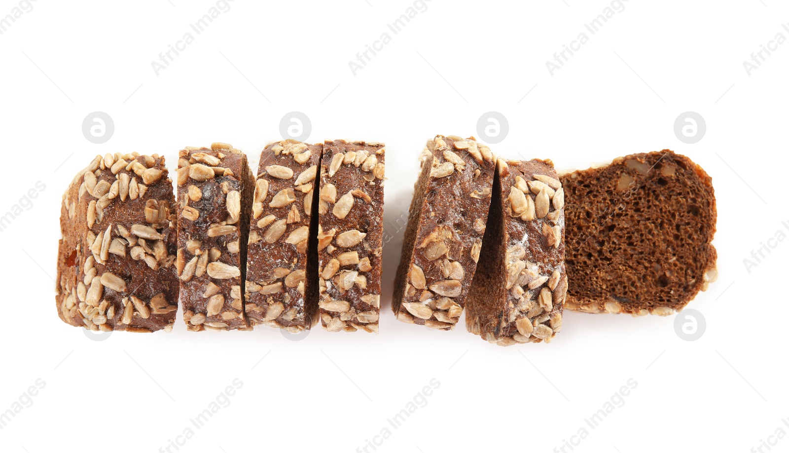 Photo of Fresh rye bread on white background, top view