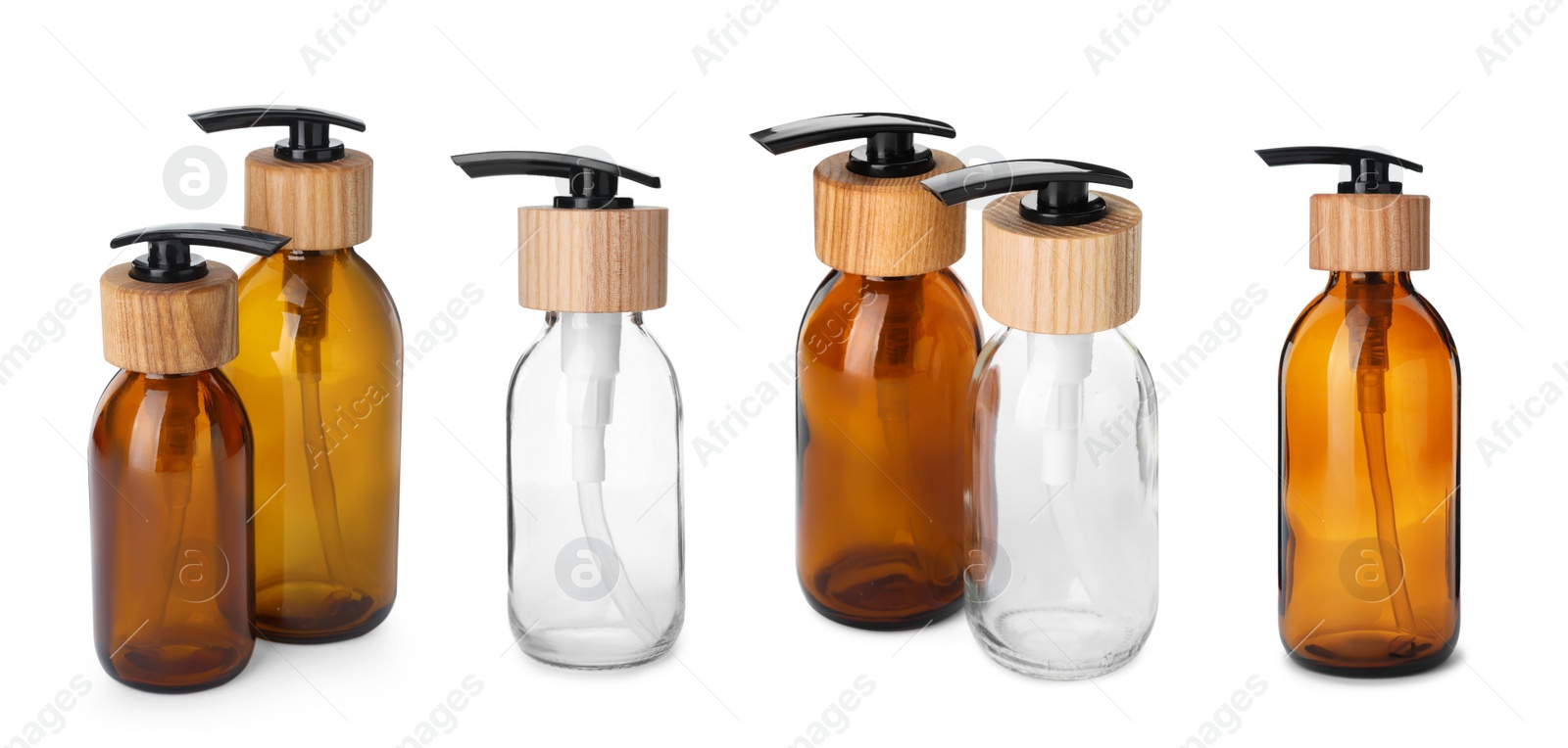 Image of Collage of glass pump bottles isolated on white