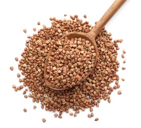 Raw buckwheat grains on white background, top view