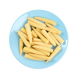 Photo of Fresh baby corn cobs on white background, top view