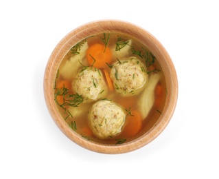 Photo of Bowl of Jewish matzoh balls soup isolated on white, top view