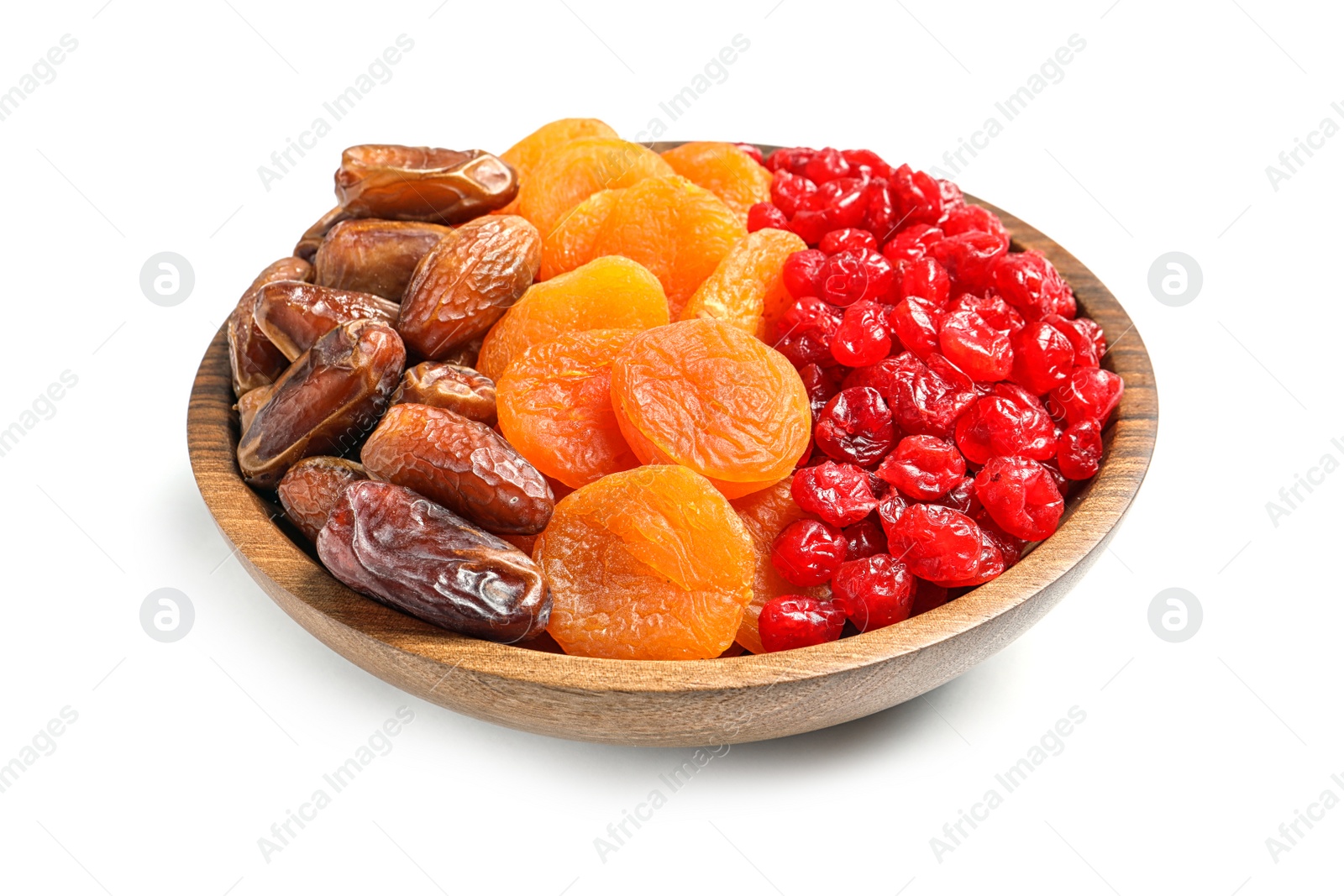 Photo of Plate with different dried fruits on white  background. Healthy lifestyle