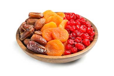 Plate with different dried fruits on white  background. Healthy lifestyle