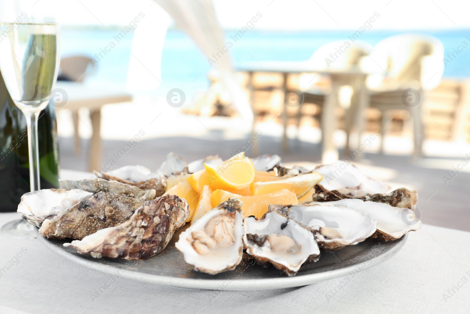 Photo of Fresh oysters with cut juicy lemon served on table