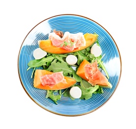 Photo of Fresh melon with prosciutto, mozzarella and arugula on white background, top view