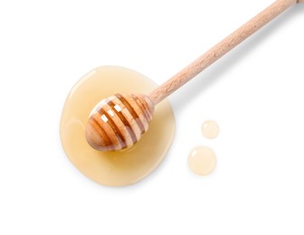 Tasty natural honey and dipper on white background, top view