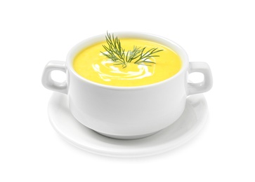 Photo of Delicious creamy corn soup isolated on white