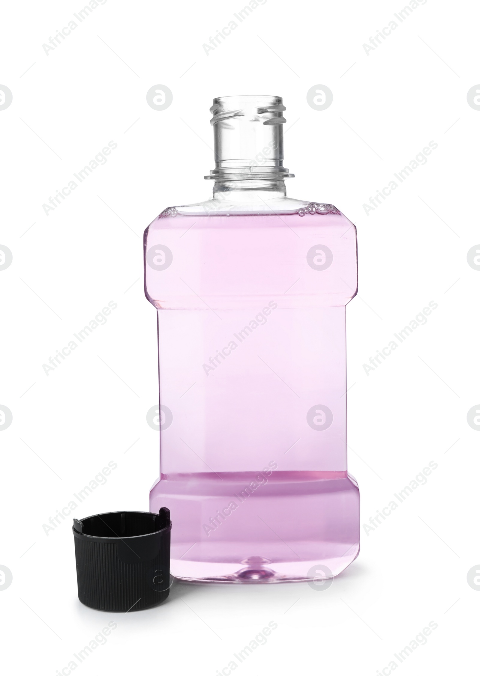 Photo of Bottle with mouthwash for teeth care on white background