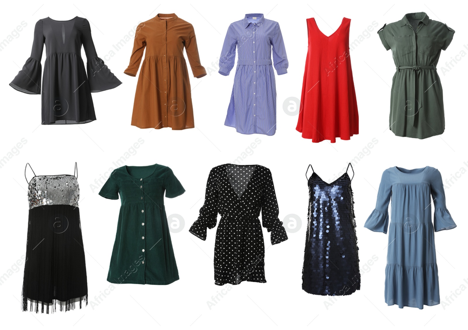 Image of Set of different stylish dresses on white background