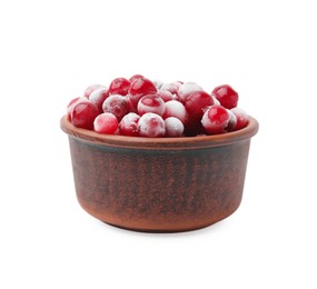 Photo of Frozen red cranberries in bowl isolated on white