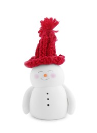 Photo of Cute decorative snowman in red hat isolated on white