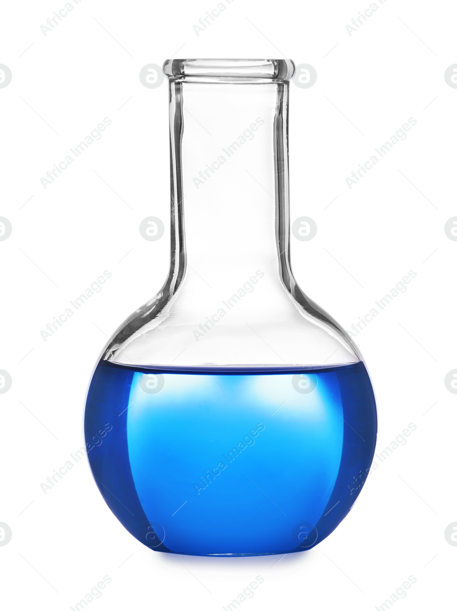 Photo of Glass flask with liquid on white background. Solution chemistry