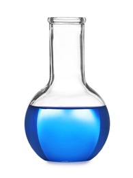 Photo of Glass flask with liquid on white background. Solution chemistry