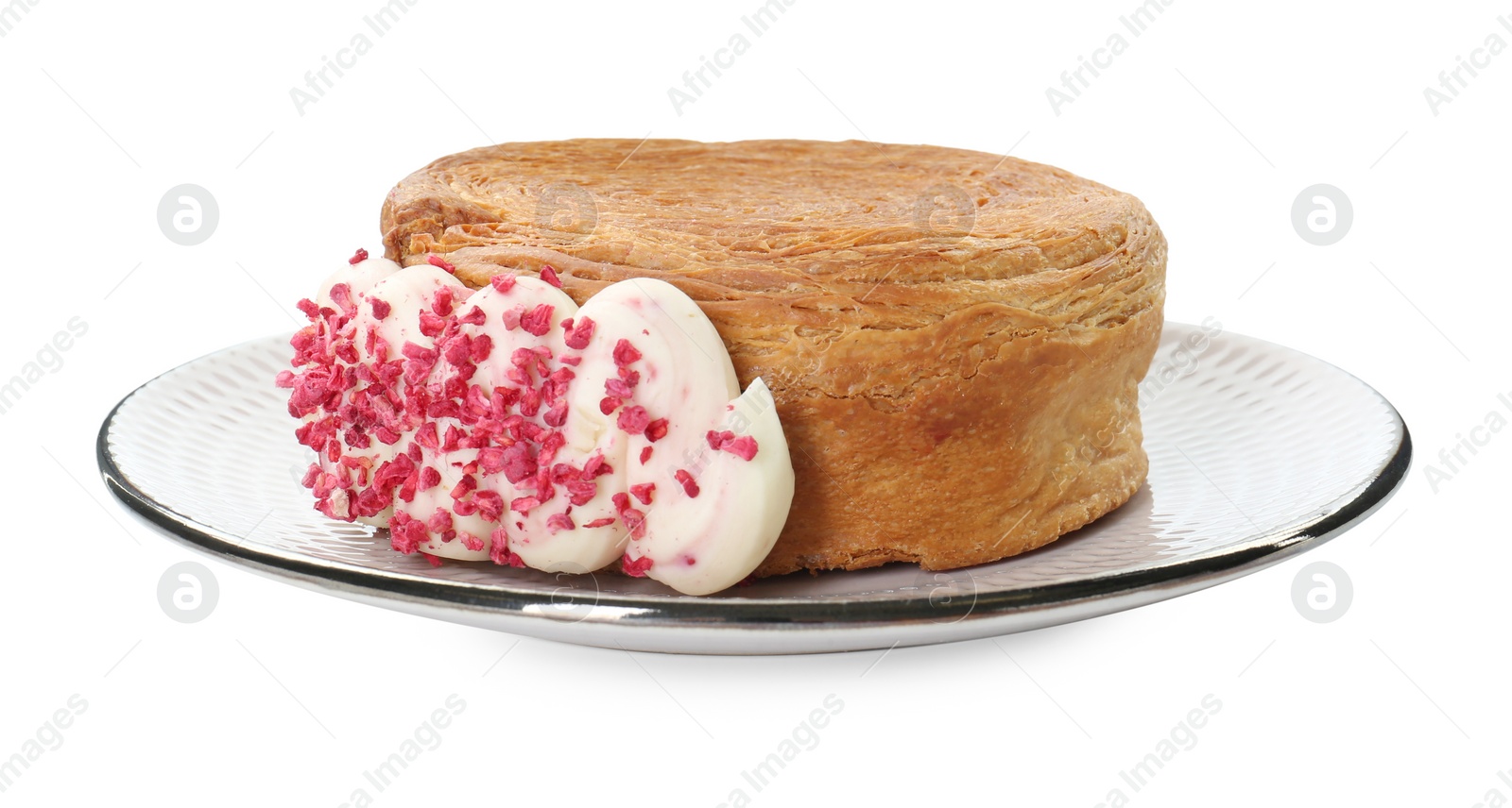 Photo of Round croissant with cream isolated on white. Tasty puff pastry