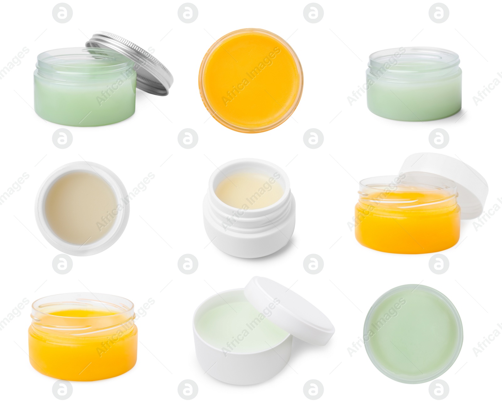 Image of Collage with different petroleum jellies in jars on white background. Cosmetic petrolatum