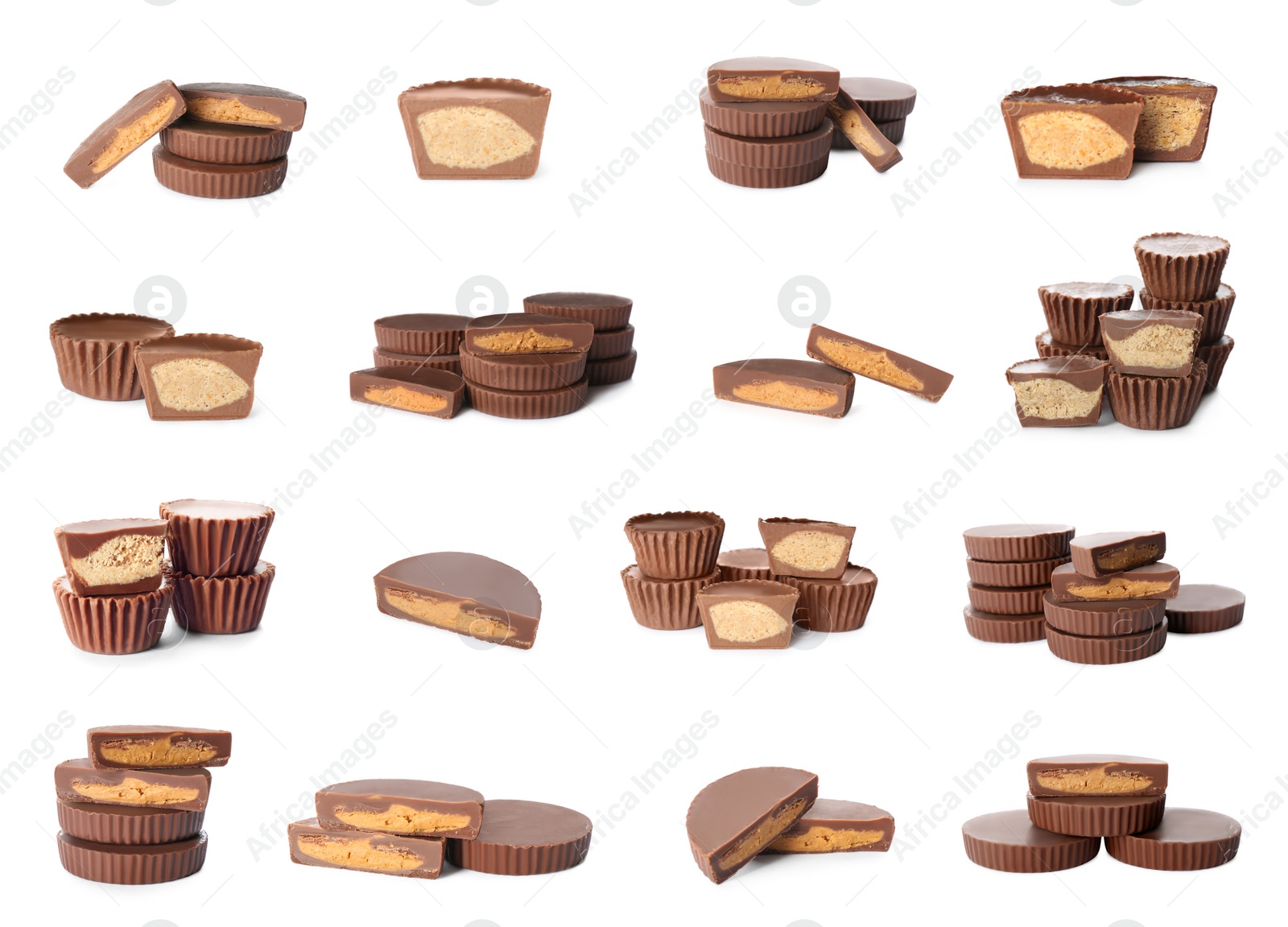 Image of Set with delicious peanut butter cups on white background