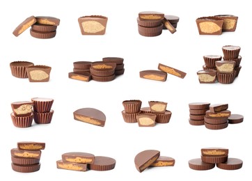 Image of Set with delicious peanut butter cups on white background