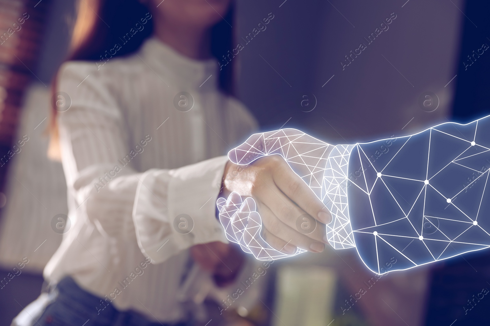 Image of Businesswoman shaking hands with virtual partner indoors, closeup. Illustration of digital hand