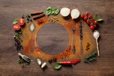 Photo of Silhouettes of plate with cutlery made with spices and different ingredients on wooden table, flat lay. Space for text