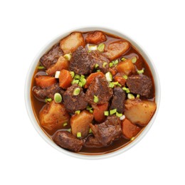 Delicious beef stew with carrots, green onions and potatoes on white background, top view