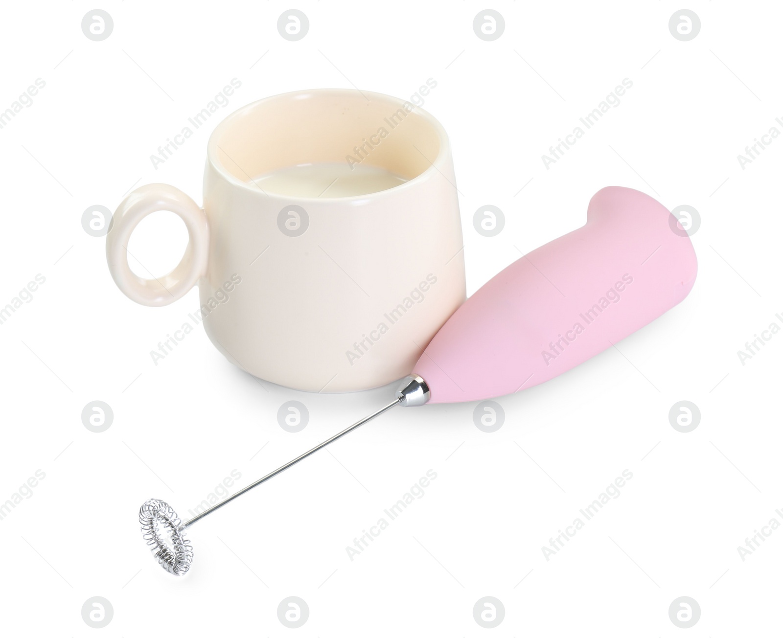 Photo of Milk frother wand and cup isolated on white