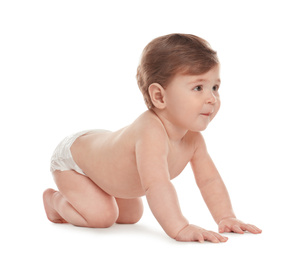 Photo of Cute little baby in diaper on white background