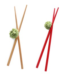 Chopsticks with spicy wasabi paste on white background, top view