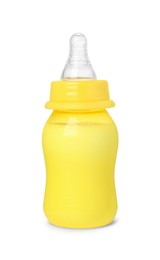 One feeding bottle with milk on white background