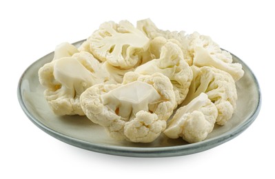 Plate with cut fresh raw cauliflowers on white background