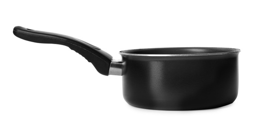 Photo of Empty modern black saucepan isolated on white