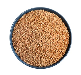 Bowl with uncooked buckwheat on white background, top view