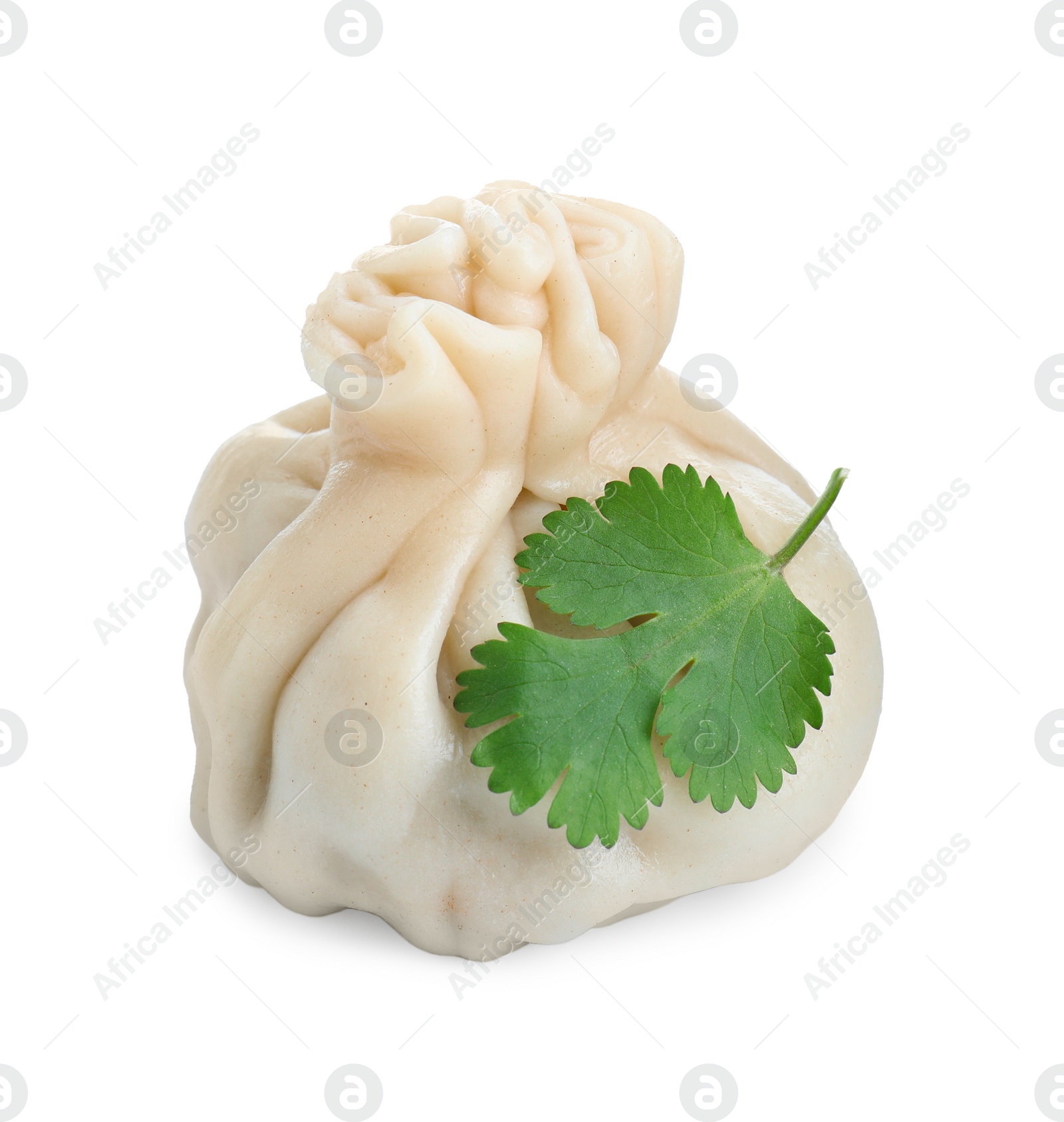 Photo of One tasty fresh khinkali (dumpling) and parsley isolated on white. Georgian cuisine