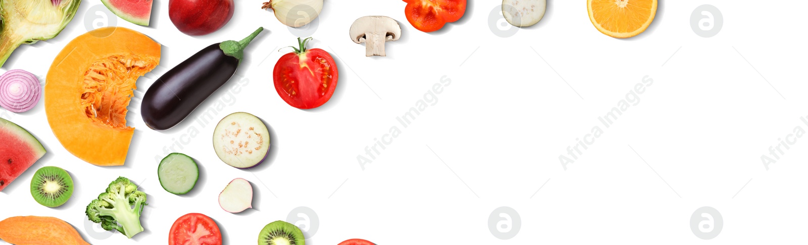 Image of Collage with many vegetables and fruits on white background, top view