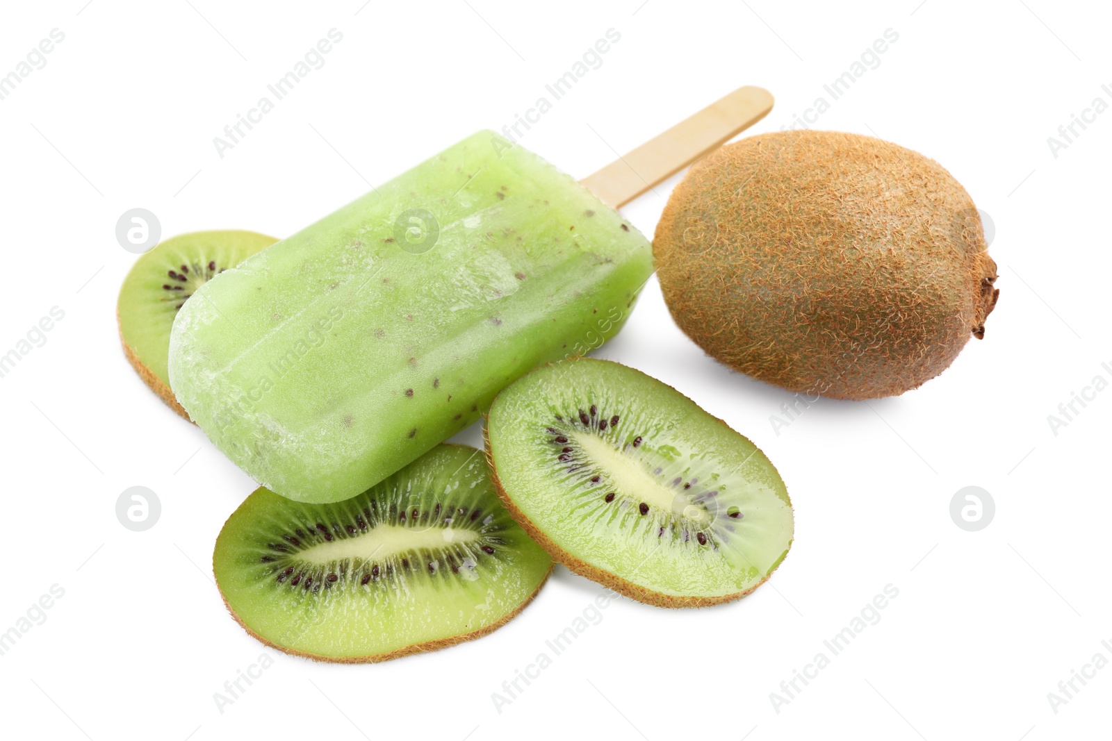 Photo of Tasty kiwi ice pop isolated on white. Fruit popsicle
