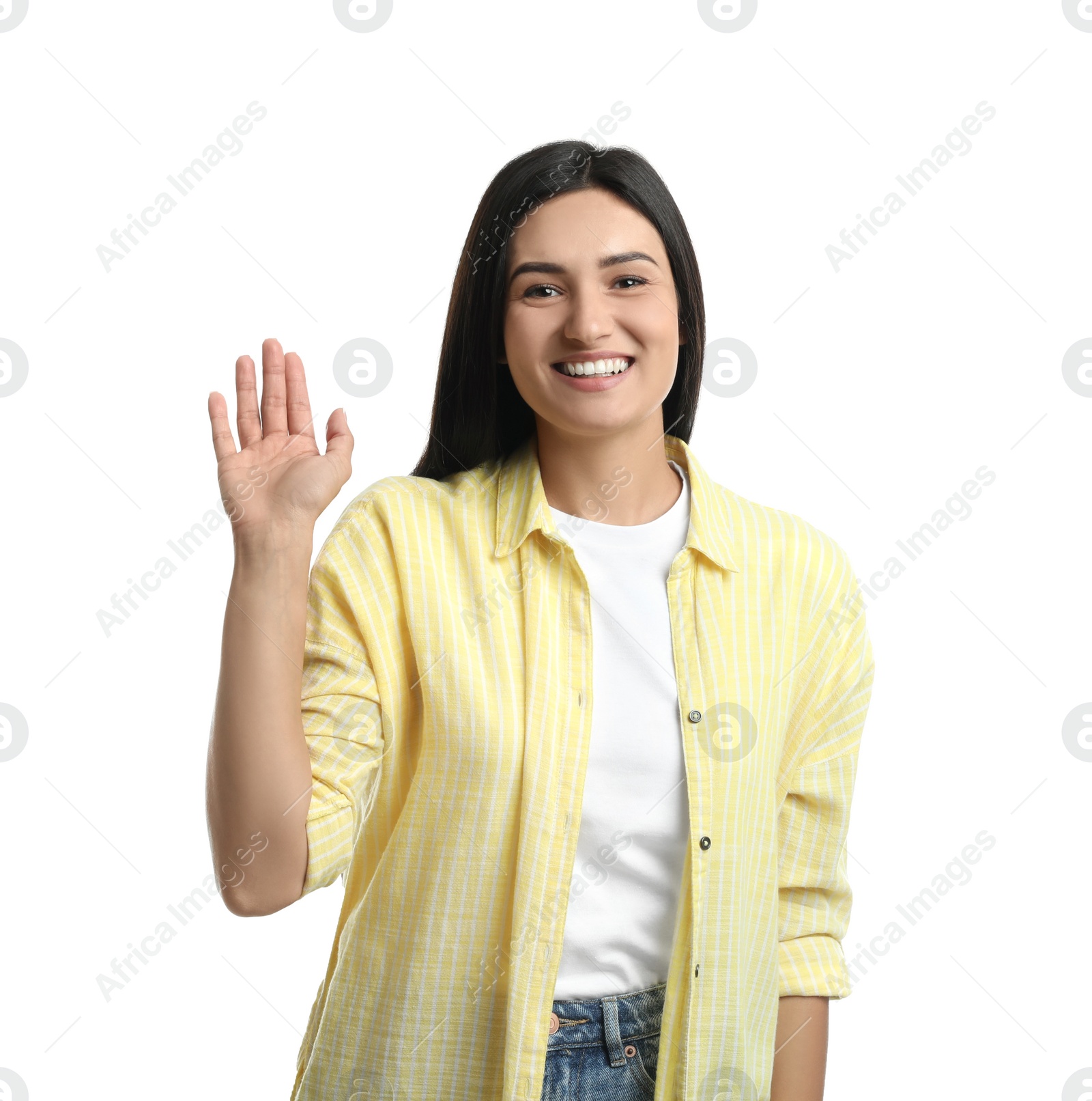 Photo of Happy woman waving to say hello on white background