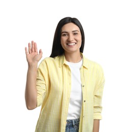 Photo of Happy woman waving to say hello on white background