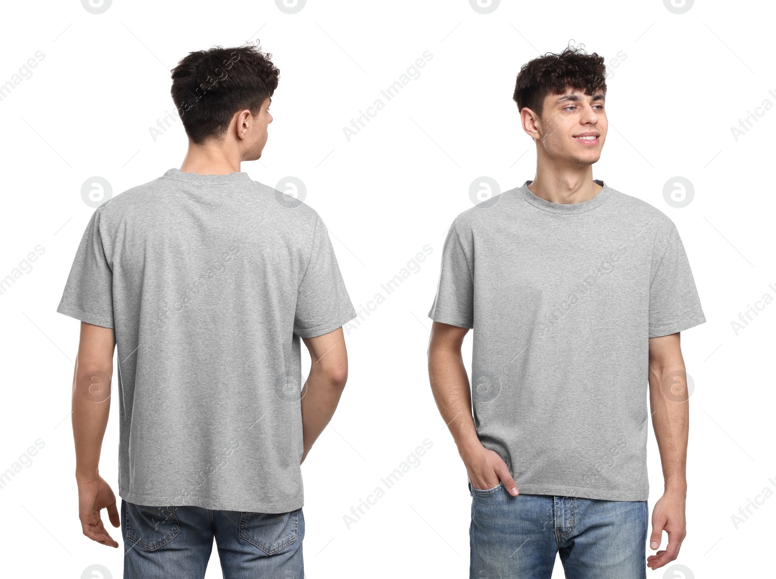 Image of Collage with photos of man in grey t-shirt on white background, back and front views. Mockup for design