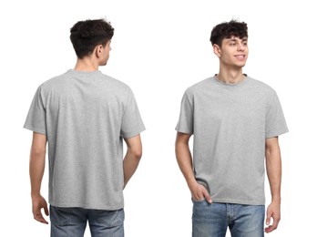 Collage with photos of man in grey t-shirt on white background, back and front views. Mockup for design